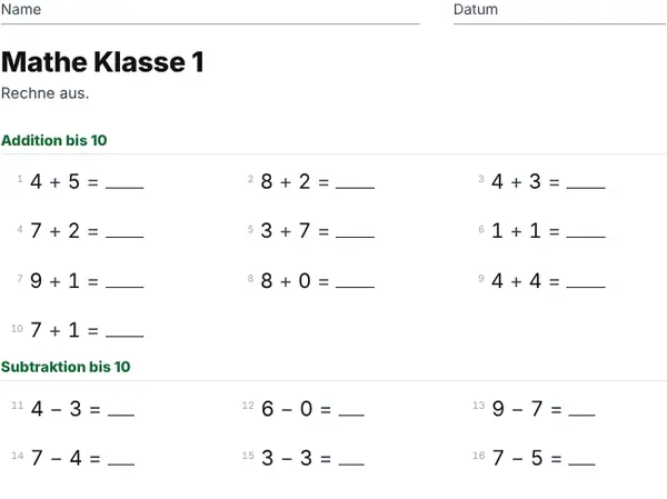 Beispielblatt: Klasse 1
