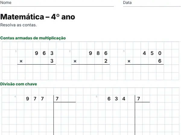 Exemplo de folha: 4º ano