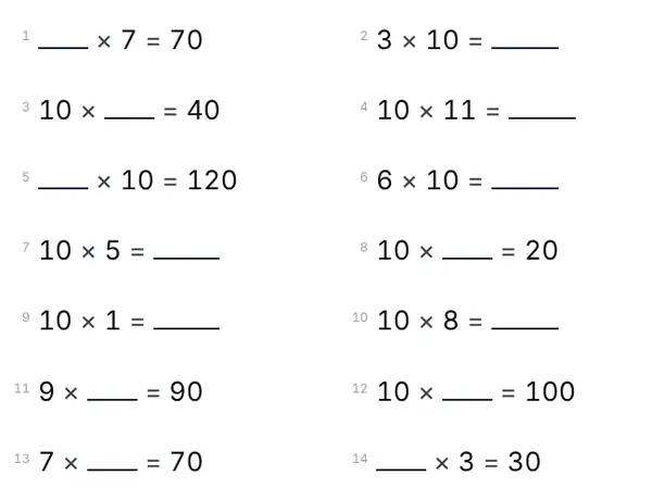 Example: 10 times table