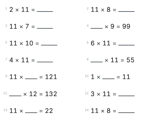 Example: 11 times table