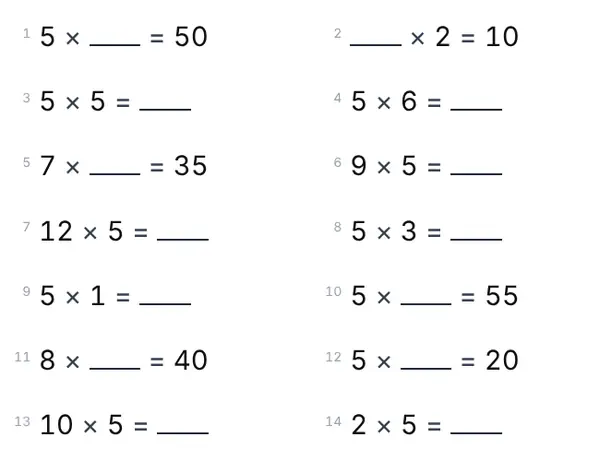Example: 5 times table