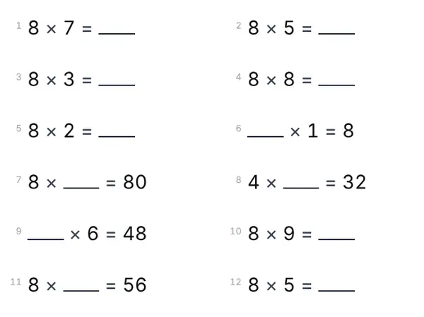 Exemplo de folha: Tabuada do 8